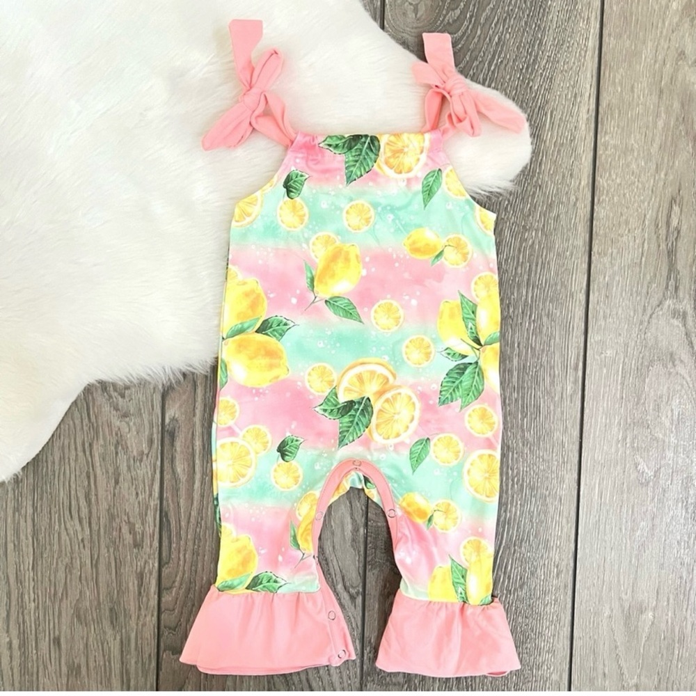 New Boutique Girls Lemon Ruffle Romper with snaps
